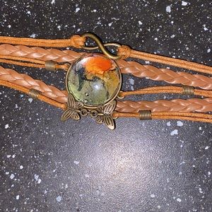 Brown Faux Leather Bracelet w Hand Painted Alcohol Ink Art Under Domed Glass